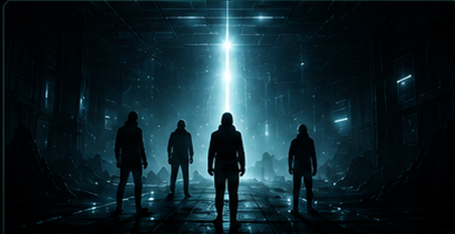 Silhouettes of the band walking toward a beam of light in a dark, futuristic corridor
